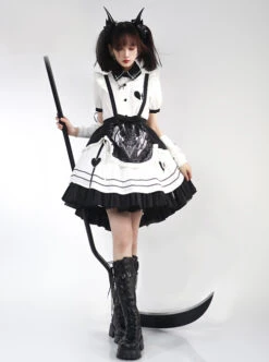 Aries Series JSK British Style Maid Outfit Black Printing Decoration Bow Knots Pleated Lace Gothic Lolita Short Sleeve Dress Set -MIMY Lolita Shop 2 500x672 146