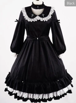 Vintage Velvet Pearl Jacquard Lace Gorgeous Back Slit Bowknot Gothic Lolita Long Sleeve Dress -MIMY Lolita Shop 2 500x672 148