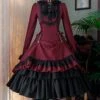 Gothic Style Pure Color Retro Elegant Stand Collar Striped Gothic Lolita Slim Fit Long Sleeve Dress