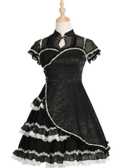 Damask Series OP Chinese Style Black Short Cheongsam Retro Elegant Gothic Lolita Short Sleeve Dress -MIMY Lolita Shop 2 500x672 155