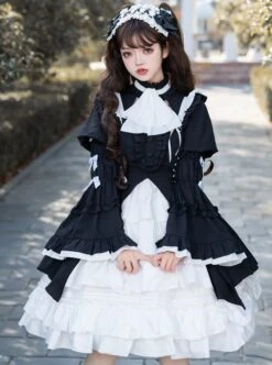 Contract Phantom Night Stone Series Gothic Girl Court Style Black White Detachable Sleeves Gothic Lolita Short-Sleeved Dress -MIMY Lolita Shop 2 500x672 157