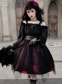 Solid Color Two-Wear Off-The-Shoulder Lantern Sleeve Metal Chain Waistband Irregular Hem Gothic Lolita Long-Sleeved Dress -MIMY Lolita Shop 2 500x672 160