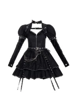 Imprisonment Song Series Silver Chain Leather Belt Sweet Cool Dark Black Punk Gothic Lolita Vest Puff Sleeves Dress Set -MIMY Lolita Shop 2 500x672 177