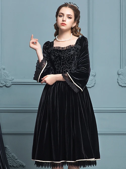 Black Velour Lace Edge Gothic Lolita Long Sleeve Dress 3 Black Velour Lace Edge Gothic Lolita Long Sleeve Dress
