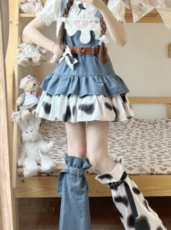 Cow Party Series Ultra Short Blue Denim Spice Black White Spots Sweet Lolita Suspender Skirt Belt Leg Sleeves Dress Set -MIMY Lolita Shop 2 500x672 208