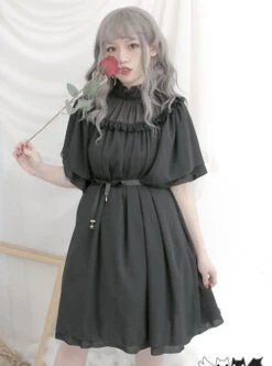 Stand Collar Seashell Sleeves Loose Sweet Lolita Dress -MIMY Lolita Shop 2 500x672 215