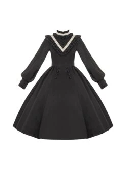 Olivia Series Black Small Stand Collar Ruffles White Round Splice V Shape Line Elegant Large Hem Gothic Lolita Lantern Long Sleeve Dress -MIMY Lolita Shop 2 500x672 22