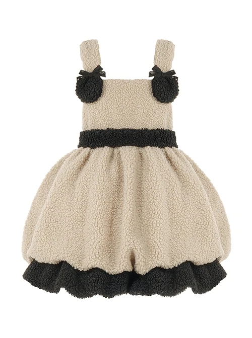Lamb Ollie Series Apricot Cute Soft Lambswool Stitched Black Bowknot Belt Ruffled Hem Sweet Lolita Sleeveless Dress JSK Set 5 Lamb Ollie Series Apricot Cute Soft Lambswool Stitched Black Bowknot Belt Ruffled Hem Sweet Lolita Sleeveless Dress JSK Set - Image 3