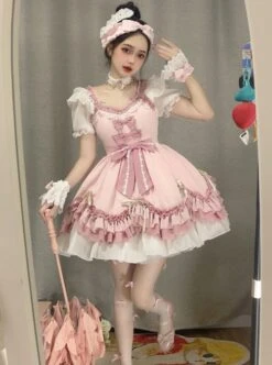 Peach Oolong Series Gentle Pink Bowknot Decoration Lace Hem Sweet Lolita Short Sleeve Dress -MIMY Lolita Shop 2 500x672 235