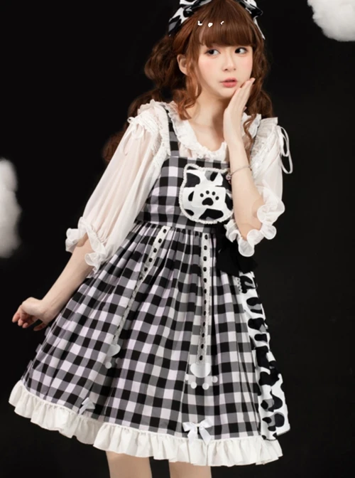 Meow Claw Planet Series Black-White Plaid Cute Cat Claw Leopard Print Bowknot Sweet Lolita Sleeveless Dress 4 Meow Claw Planet Series Black-White Plaid Cute Cat Claw Leopard Print Bowknot Sweet Lolita Sleeveless Dress - Image 2