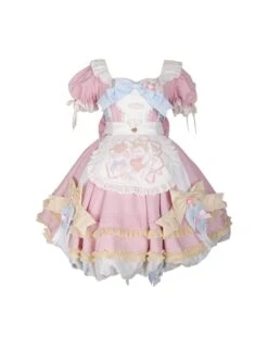 Pink Sweet Cute Little Maid Print Apron Puff Sleeves Bowknot Decoration Girls Sweet Lolita Short Sleeve Dress -MIMY Lolita Shop 2 500x672 257