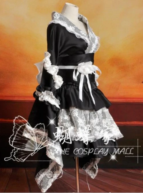 V-Neck Black And White Lace And Ruffles Cosplay Lolita Long Sleeves Dress 6 V-Neck Black And White Lace And Ruffles Cosplay Lolita Long Sleeves Dress - Image 4