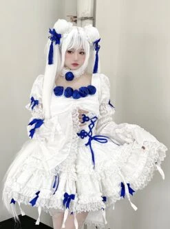 White Moon Series Chinese Style New Chinese Style Three-Dimensional Jacquard Blue Rose Bowknot Decoration Gothic Lolita Short-Sleeved Dress -MIMY Lolita Shop 2 500x672 3