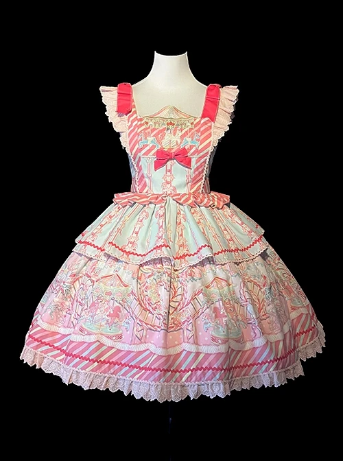 Candy Amusement Park Series Cute Colorful Striped Carousel Print Lace Ruffle Bowknot Sweet Lolita Sleeveless Dress 8 Candy Amusement Park Series Cute Colorful Striped Carousel Print Lace Ruffle Bowknot Sweet Lolita Sleeveless Dress - Image 6