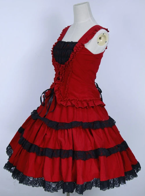 Red Corduroy Gothic Lolita Sling Dress 3 Red Corduroy Gothic Lolita Sling Dress