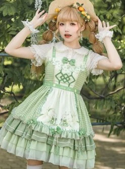 Lucky Day Series Green Plaid Stitching Small Fresh Rabbit Print Cute Girly Sweet Lolita Sleeveless Dress Set -MIMY Lolita Shop 2 500x672 314