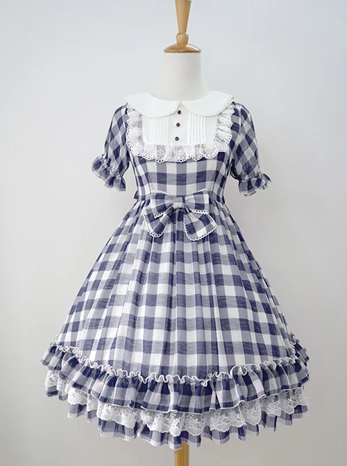 Plaid Chiffon Doll Collar Sweet Lolita Short Sleeve Dress 6 Plaid Chiffon Doll Collar Sweet Lolita Short Sleeve Dress - Image 4