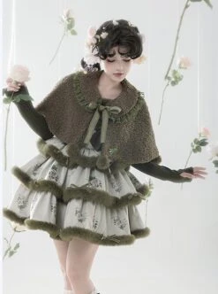 Painting Dreams Forest Elf Series Morandi Forest Green Plush Little Cape Elegant Sweet Multi-Tiered Fluffy Sweet Lolita Dress JSK Set -MIMY Lolita Shop 2 500x672 334