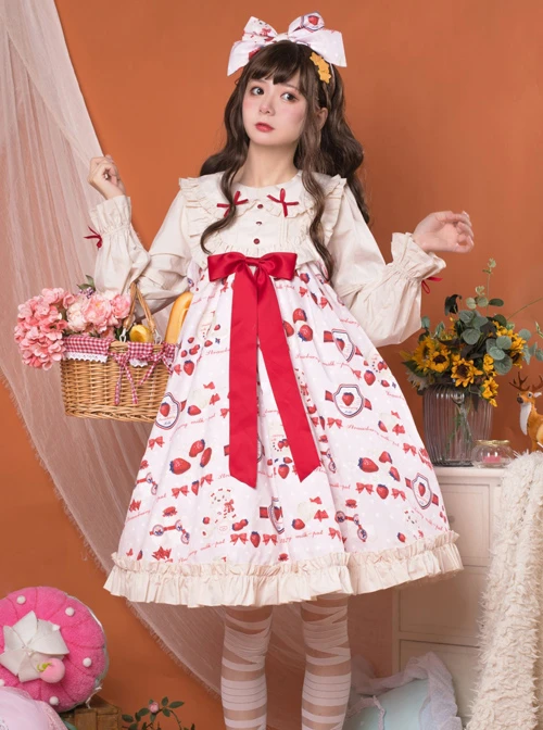 Strawberry Milk Bottle Series OP Bowknot Sweet Lolita Long Sleeve Dress 8 Strawberry Milk Bottle Series OP Bowknot Sweet Lolita Long Sleeve Dress - Image 6