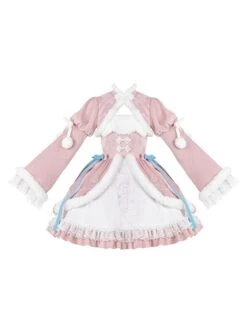 Peach Blossom Fan Series Pink Chinese Style Velvet Embroidery White Fluffy Hair Ball Lace Bowknot Puff Sleeve Short Coat Sleeveless Dress JSK -MIMY Lolita Shop 2 500x672 350