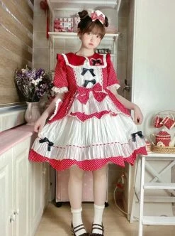 Runaway Sweetheart Series OP Doll Collar Wavy Hem Sweet Lolita Red Cute Short Sleeve Cake Dress -MIMY Lolita Shop 2 500x672 359