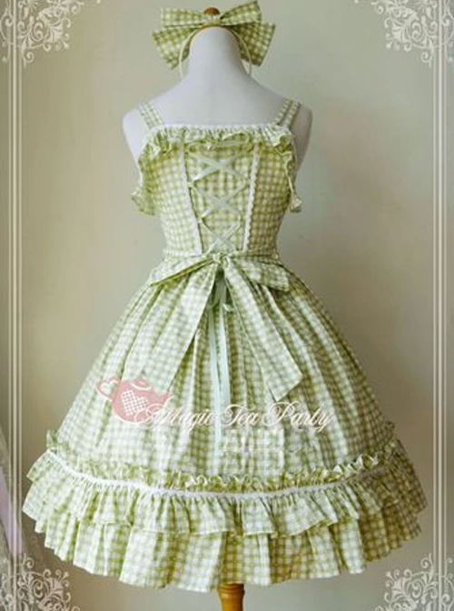 Magic Tea Party Fragrant Summer Series Heart Pattern Plaid Sweet Lolita Light Green Sling Dress 3 Magic Tea Party Fragrant Summer Series Heart Pattern Plaid Sweet Lolita Light Green Sling Dress