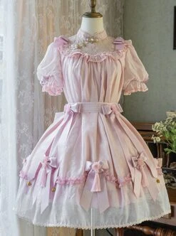 Lovely Ancient Style Peach Blossom Dark Pattern Lace Stand Collar Pearl Bowknot Small Bell Decoration Sweet Lolita Puff Sleeve Dress -MIMY Lolita Shop 2 500x672 368