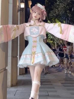 Little Zombie Series Pink Traditional Chinese Knot High Waist Cute Playful Sweet Lolita Long Sleeves Shirt Short Dress Hat Set -MIMY Lolita Shop 2 500x672 370