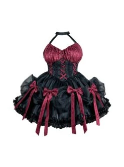 Succubus Rose Style Vintage Elegant Jacquard Lace-Up Bowknot Decoration Sexy Halter Neck Gothic Lolita Sleeveless Dress -MIMY Lolita Shop 2 500x672 38