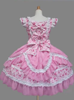 Pink And White Lace Bowknot Sweet Lolita Fly Sleeves Dress -MIMY Lolita Shop 2 500x672 383