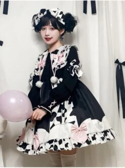 Sweet Snow Ranch Story Series OP Pleated Hem Design Bowknot Sweet Cow Color Sweet Lolita Long Sleeve Dress -MIMY Lolita Shop 2 500x672 385