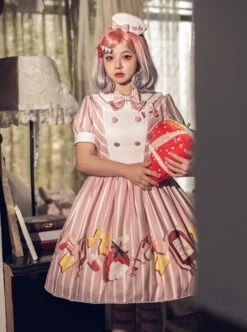 Striped Bow Doll Collar Detachable Sleeves Strawberry Blood Bag Syringe Print Striped Halloween Sweet Lolita Long Sleeve Dress -MIMY Lolita Shop 2 500x672 388