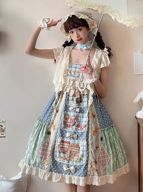 Squirrel Market Series Retro Pastoral Style Lace Bow Decoration Patchwork Skirt Sweet Lolita Sleeveless Dress 5 Squirrel Market Series Retro Pastoral Style Lace Bow Decoration Patchwork Skirt Sweet Lolita Sleeveless Dress - Image 3