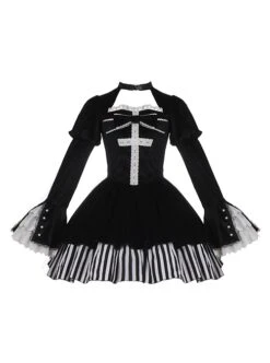Requiem Series Classical Velvet Lace Cross Halloween Stripe Hem Gothic Lolita Long Sleeve Dress -MIMY Lolita Shop 2 500x672 40