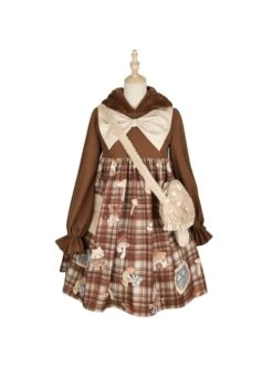Mushroom Raccoon Series OP Cute Printing Plush Pockets Brown Hooded Sweet Lolita Long Sleeve Dress -MIMY Lolita Shop 2 500x672 401