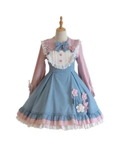 Plum Flower Snow Rabbit Series Sweet Lolita Blue Pink Plum Flower Bowknot Decoration Long Sleeve Shirt Sleeveless Dress Set -MIMY Lolita Shop 2 500x672 424