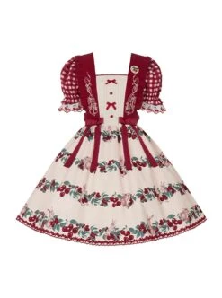 Midsummer Orchard Series Pastoral Style Ruffle Red Cherry Bunny Print Sweet Lolita Checkered Puff Sleeves Dress -MIMY Lolita Shop 2 500x672 429