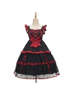 Silent Portrait Series JSK Red Bowknot Three-stage Hem Black Sweet Lolita Ruffle Sling Dress -MIMY Lolita Shop 2 500x672 431