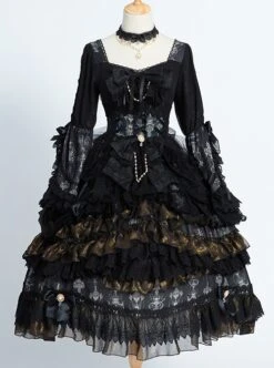 Day Night Light Series Gorgeous Noble Elegant Palace Style Dark Black Gothic Lolita Black Wedding Dress Veil Full Set -MIMY Lolita Shop 2 500x672 44