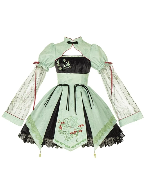 Orchid Pavilion Chinese Style Bamboo Leaves Auspicious Clouds Green Print Elegant Splice Lace Broad Sleeves Classic Lolita Dress OP 3 Orchid Pavilion Chinese Style Bamboo Leaves Auspicious Clouds Green Print Elegant Splice Lace Broad Sleeves Classic Lolita Dress OP