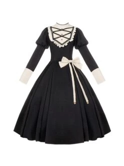 Twilight Mail Series White Ruffled Edge Splicing Black Big Hem Bowknot Classic Lolita Juliet Sleeves Dress -MIMY Lolita Shop 2 500x672 455