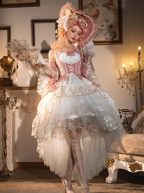 Riparbella Series White Pink Noble Gorgeous Flower Wedding Classic Ribbon Bowknot Ruffles Lolita Sleeveless Dress Hat Set 3 Riparbella Series White Pink Noble Gorgeous Flower Wedding Classic Ribbon Bowknot Ruffles Lolita Sleeveless Dress Hat Set