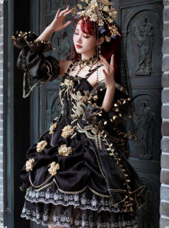 Golden Lily Series JSK Retro Elegant Palace Style Gothic Lolita Black And Golden Sling Dress -MIMY Lolita Shop 2 500x672 46