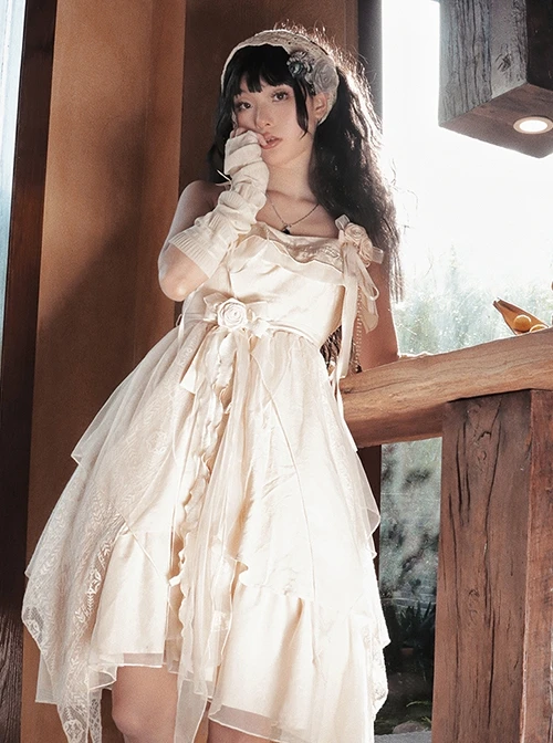 Pure Color Irregular Skirt Three-Dimensional Flower Corsage Waist Chain Elegant Sleeveless Classic Lolita Dress 4 Pure Color Irregular Skirt Three-Dimensional Flower Corsage Waist Chain Elegant Sleeveless Classic Lolita Dress - Image 2