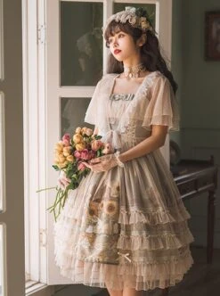 Bunny Sunflower Print Bow-Knot Waist Frenulum Polka Dot Ruffle Smock Classic Lolita Sleeveless Dress -MIMY Lolita Shop 2 500x672 468