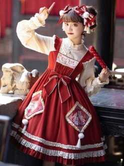 Little Tiger Series Chinese Style Stand-Up Collar Little Tiger Print Fur Ball Tassel Fake Two-Piece Design Classic Lolita Long-Sleeved Dress -MIMY Lolita Shop 2 500x672 498