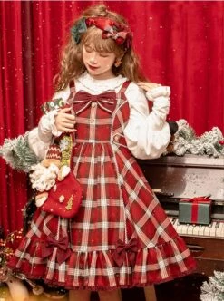 Christmas Eve's Carol Series Red Plaid Sweet Red Bow Simple A-Line Skirt Christmas Classic Lolita Sleeveless Dress -MIMY Lolita Shop 2 500x672 512