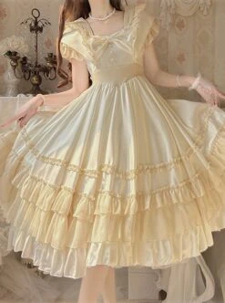 French Court Elegant Solid Color Square Neck Bow Ruffled Large Skirt Hem Chiffon Classic Lolita Short-Sleeved Dress -MIMY Lolita Shop 2 500x672 516