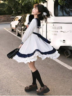 Heart Route Series OP White Sailor Suit V-Neck Design Bow Knots Decoration Long Sleeve Classic Lolita Dress -MIMY Lolita Shop 2 500x672 518