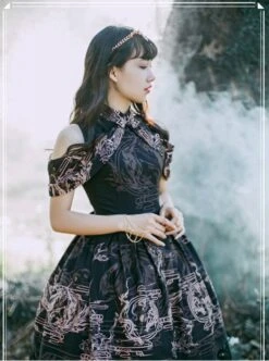 Black Kowloon Missing Shoulder Print Dress -MIMY Lolita Shop 2 500x672 52